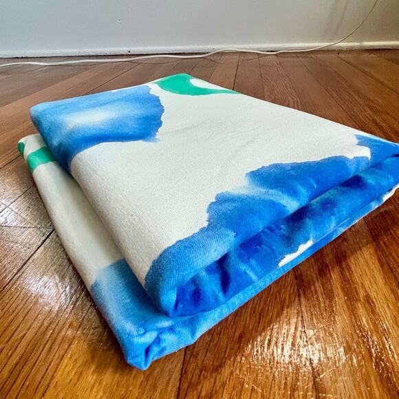 Hand Dyed Cotton Tablecloth on White Background – Blue & Green Tie Dye Design - Picture 11 of 13